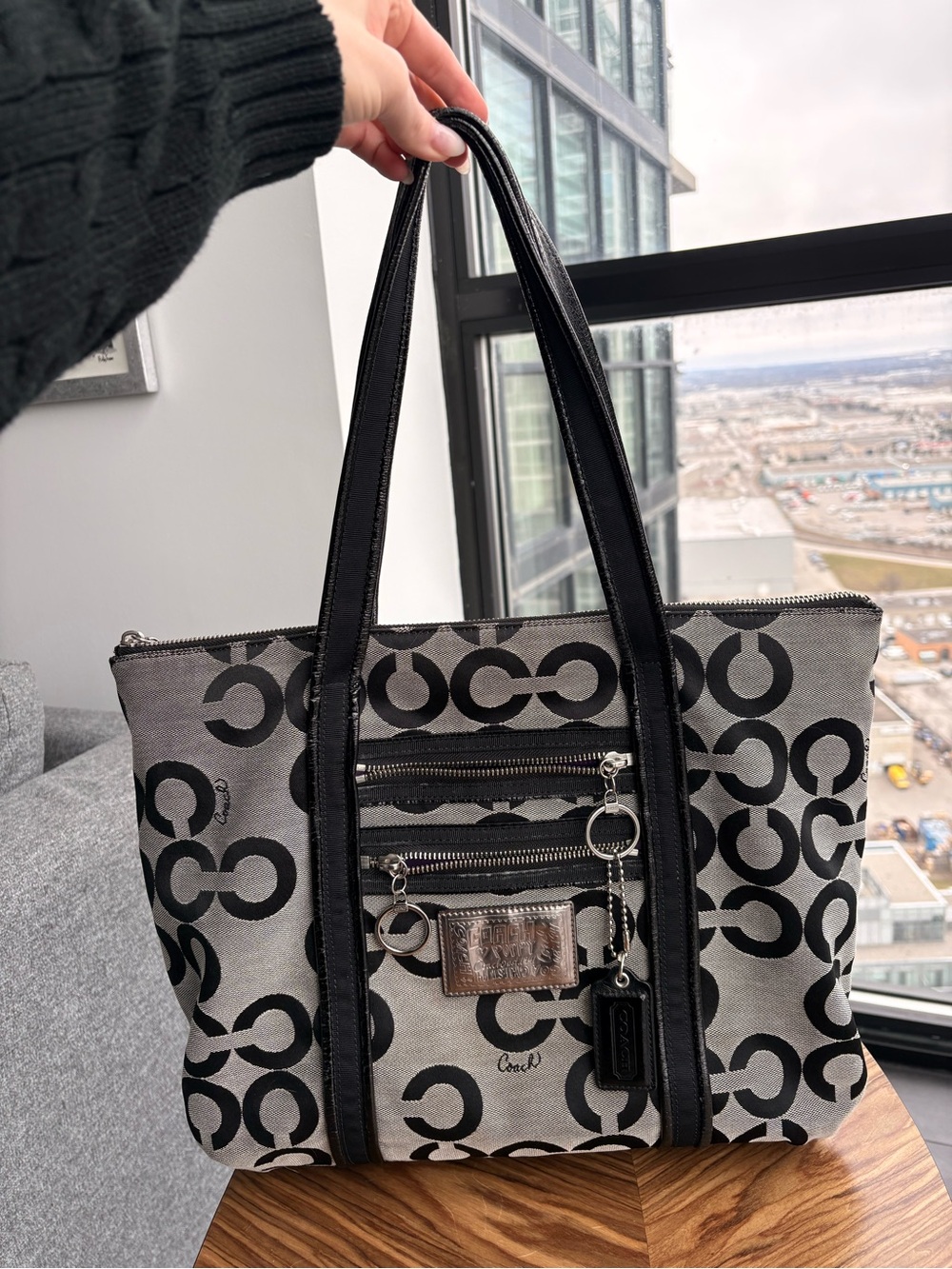 Coach Black & Gray Signature Canvas Tote with Leather Trim